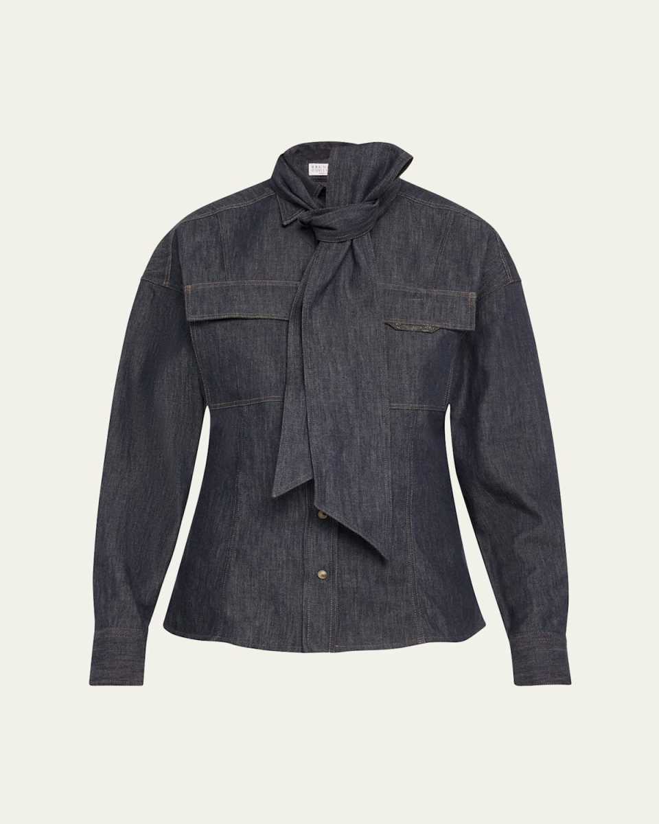 Lightweight Denim Shirt With Removable Bow